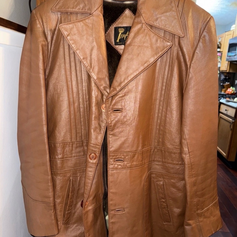 Vintage Imperial Brown Leather Coat Men’s Size 40L Made in Korea Faux Fur